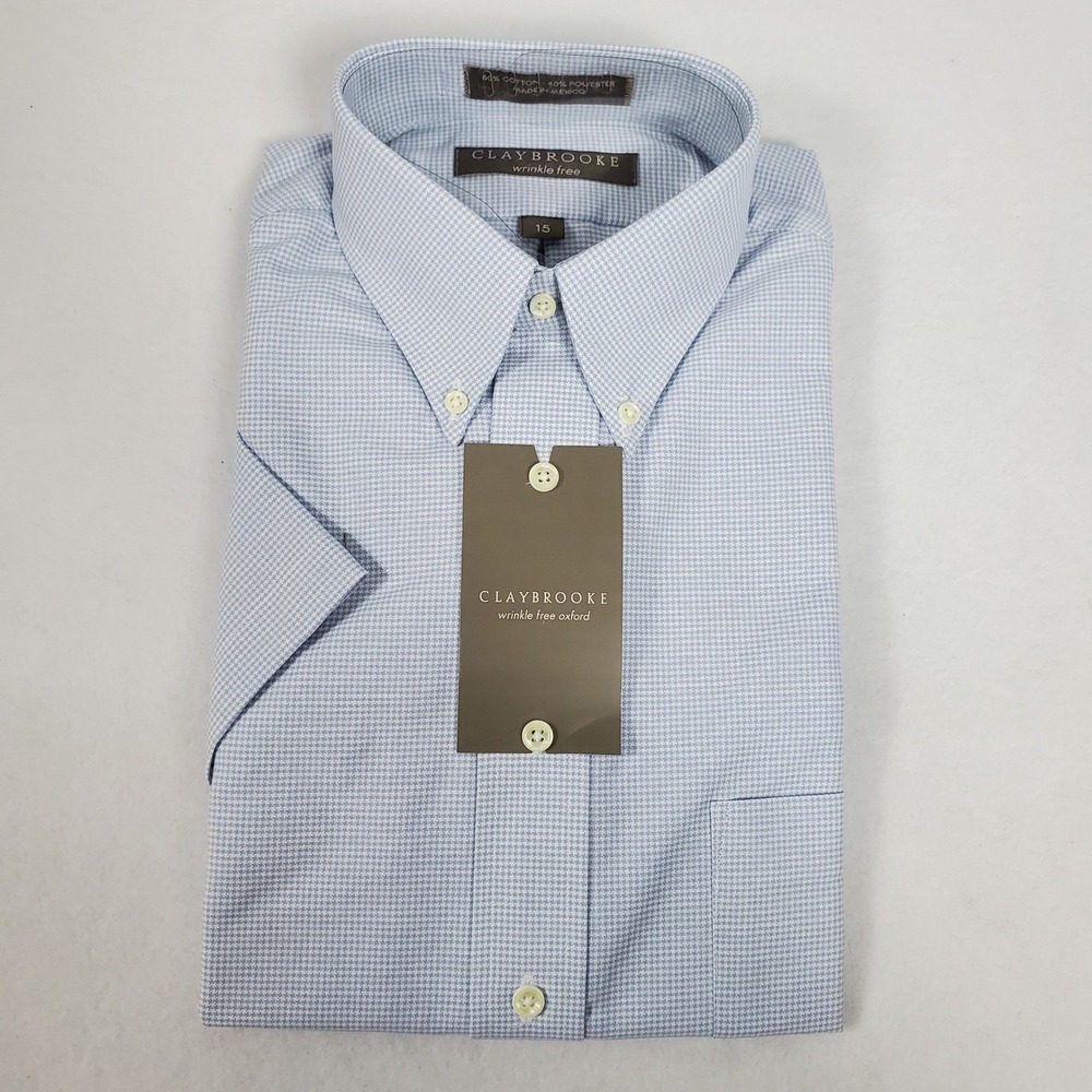 CLAYBROOKE Mens Blue Gingham Wrinkle Free Short Sleeve Button Down Shirt Size 15